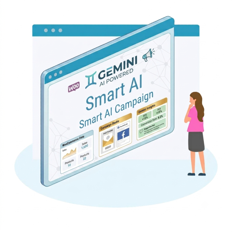 Isometric illustration of a woman standing before a large computer screen labeled 'Gemini AI Powered Smart AI Campaign' with data panels at the bottom left.